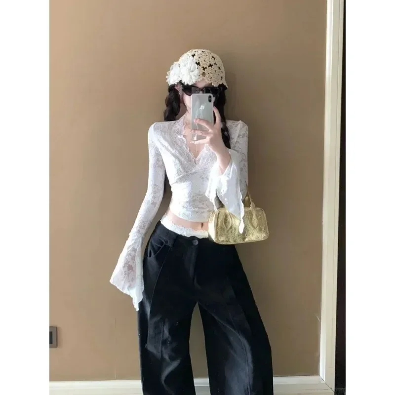 Fashion Sexy V-Neck Sheer T-Shirts Women Flare Long Sleeve Spring Lace Slim Pullovers Tops Casual Evening Party Club Chic Tees