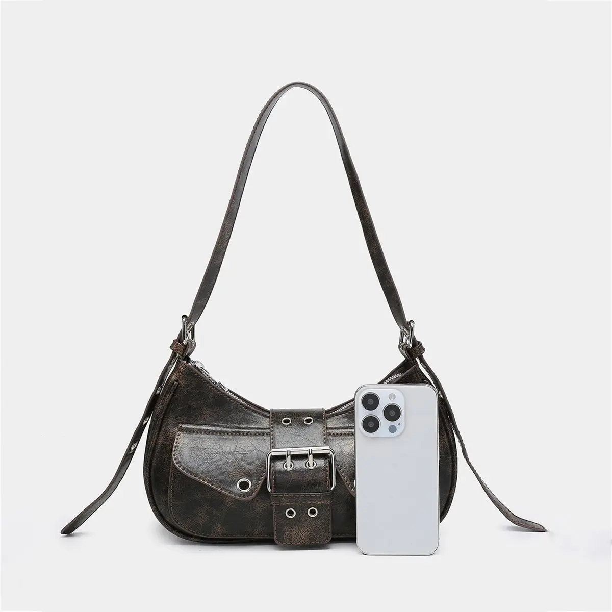 Retro Punk Multi Pocket Handbag Women Leather Buckle Texture Marleid Shoulder Bag Ladies Y2k Faux Waxed Zipper Underarm Bag 2025