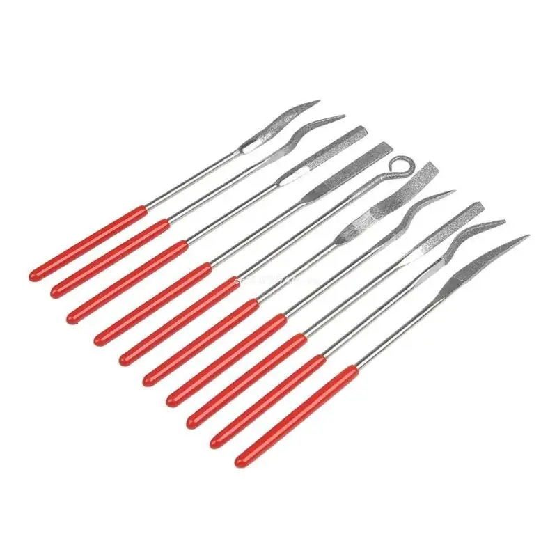 10Pcs Assorted Mini Diamond Files, Small Jewelers Hand Needle File Set, Round Handle Rifler Files Tool for Wood 4
