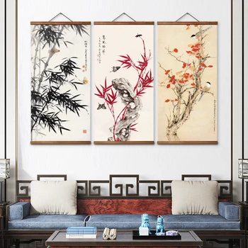MT0336 Chinese Style bamboo swallow butterfly landscape Decorative Wall Art Posters Solid Wood Scroll Paintings 1