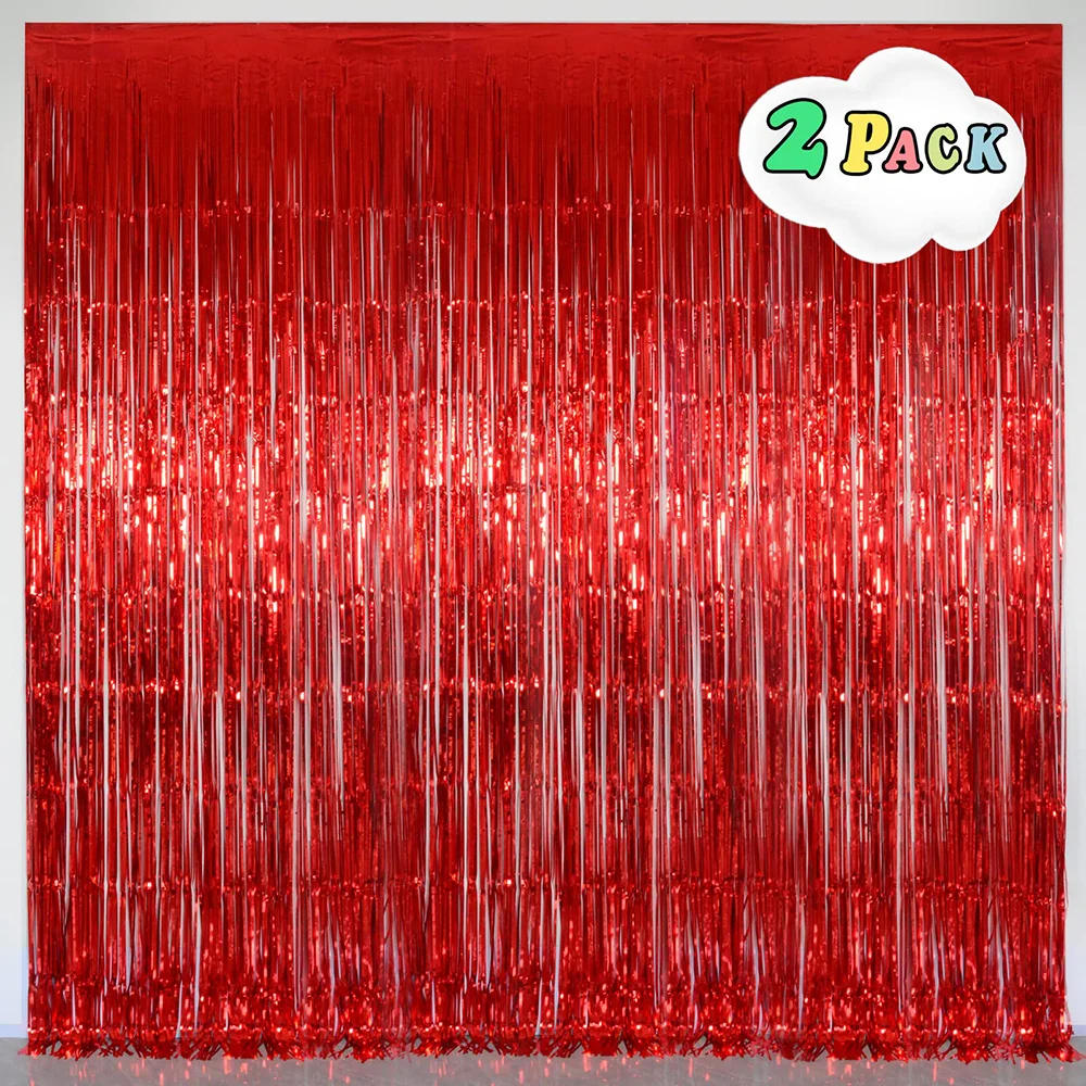 

2 Pcs Red Foil Fringe Curtain Melsan Metallic Tinsel Curtains Streamer Backdrop Christmas Birthday Valentine's Day Party Decor