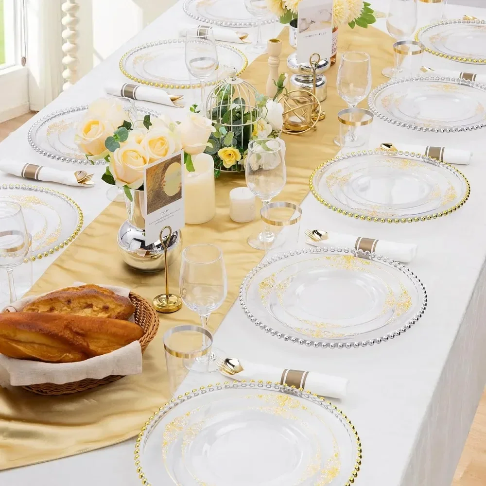 350 Clear Gold Plastic Plates, Clear Disposable Plates with Gold Rim, Party Plastic Tableware Set, Suitable for 50 Guests