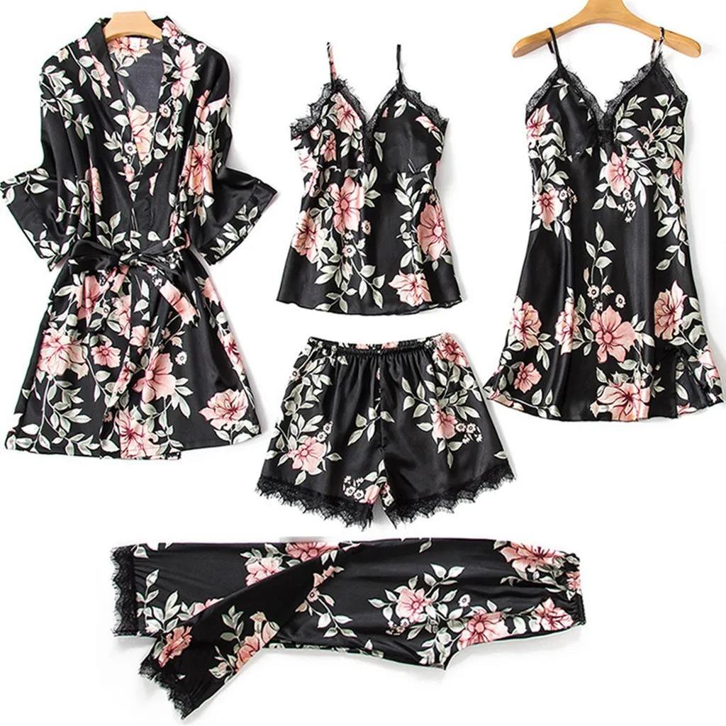 2024 Top Pajama Printed Women's Faux Camisole Sleeping Loose Comfortable Lace Five Piece Set for Home Wear Underwear and Pajamas