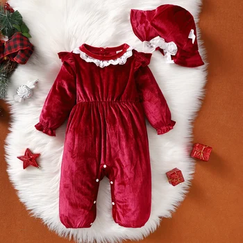 Cute Baby Girl Red Velvet surface Lace Bodysuit +top hat 0-2 year old baby girl spring And autumn Bodysuit Festival Clothing