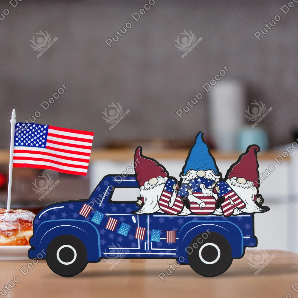 

Putuo Decor Truck Shaped Wooden Table Decor, USA, Desktop Decoration for Home Cafe Office, Independence Day 4th of July Gift