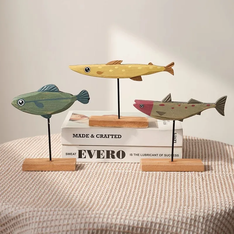 Nordic Wooden Fish Statue Creative Living Room Bedroom Dining Room Home Art Figurine Luxury Decoration Book Nook Ornament Gifts