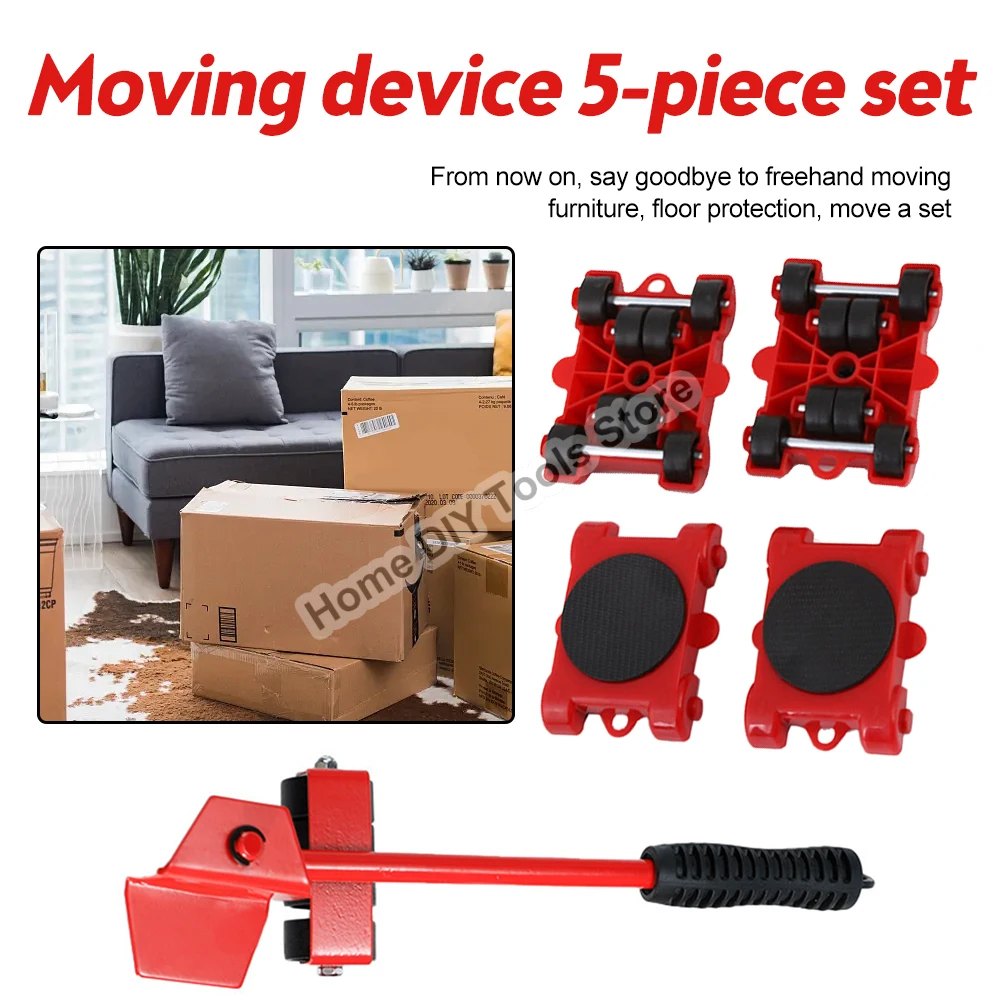 5 Pcs Set Dropshipping Furniture Mover Set Furniture Mover Tool Transport Lifter Heavy Stuffs Moving Wheel Roller Bar Hand Tools