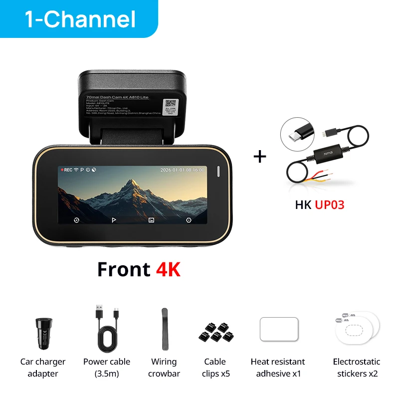 70mai A810 Lite Dash Cam 4K HDR Front+Rear GPS WiFi 6 Voice Control
