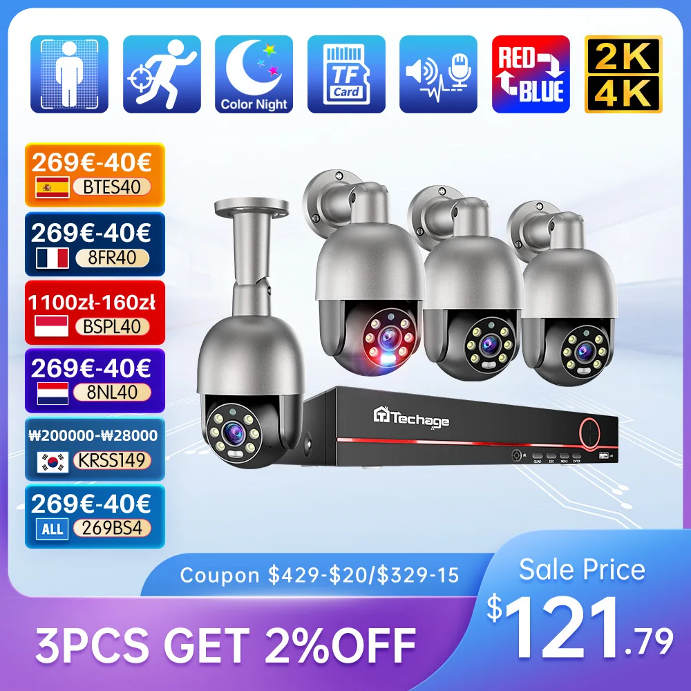 Techage UHD 8CH 4K PTZ POE Security Camera System 2K 5MP Color Night Vision CCTV Video Surveillance Protection Kit Human Detect security camera
