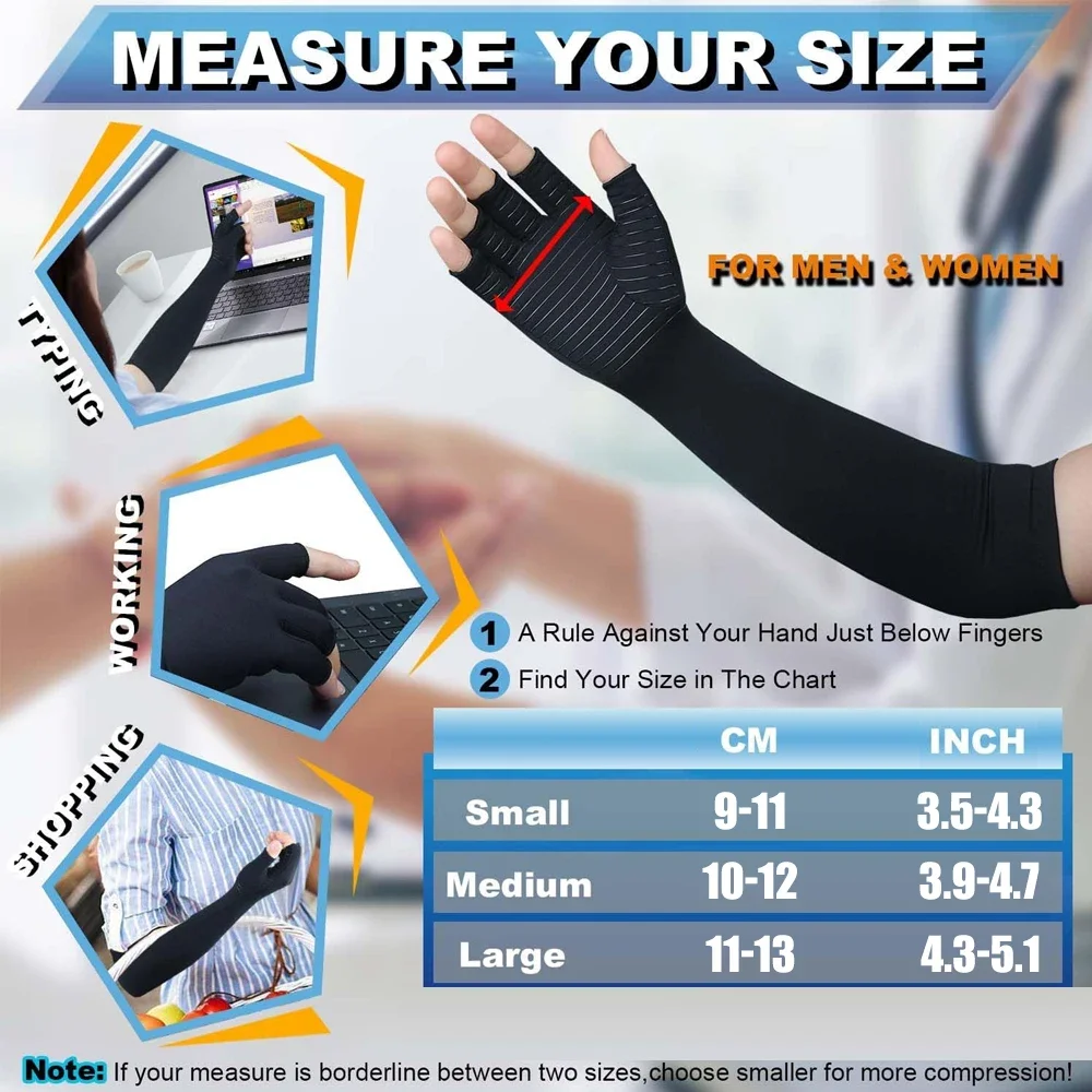 Copper Long Arthritis Gloves Long Wrist Compression Arm Sleeve Carpal Tunnel Fingerless Hand Gloves 1Pair For Men Women