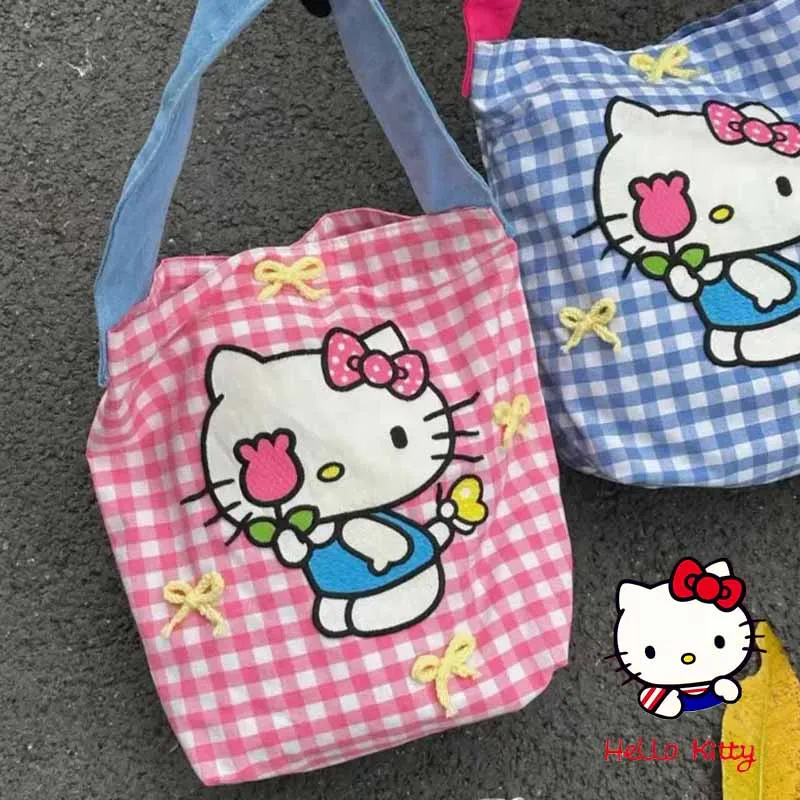 

Новинка, летняя повседневная Холщовая Сумка Kawaii Hello Kitty, цветная допамин, вместительная клетчатая Экологичная сумка для покупок, модный подарок