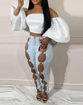 Solid O-Ring Cut-out Skinny Jeans 2
