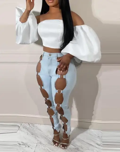 Solid O-Ring Cut-out Skinny Jeans 2