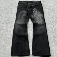 Y2K Dark Gothic Jeans Micro Flared Cross Leather Pocket Denim Pants Retro Harajuku Heavyweight Unisex Loose Streetwear Trousers 1