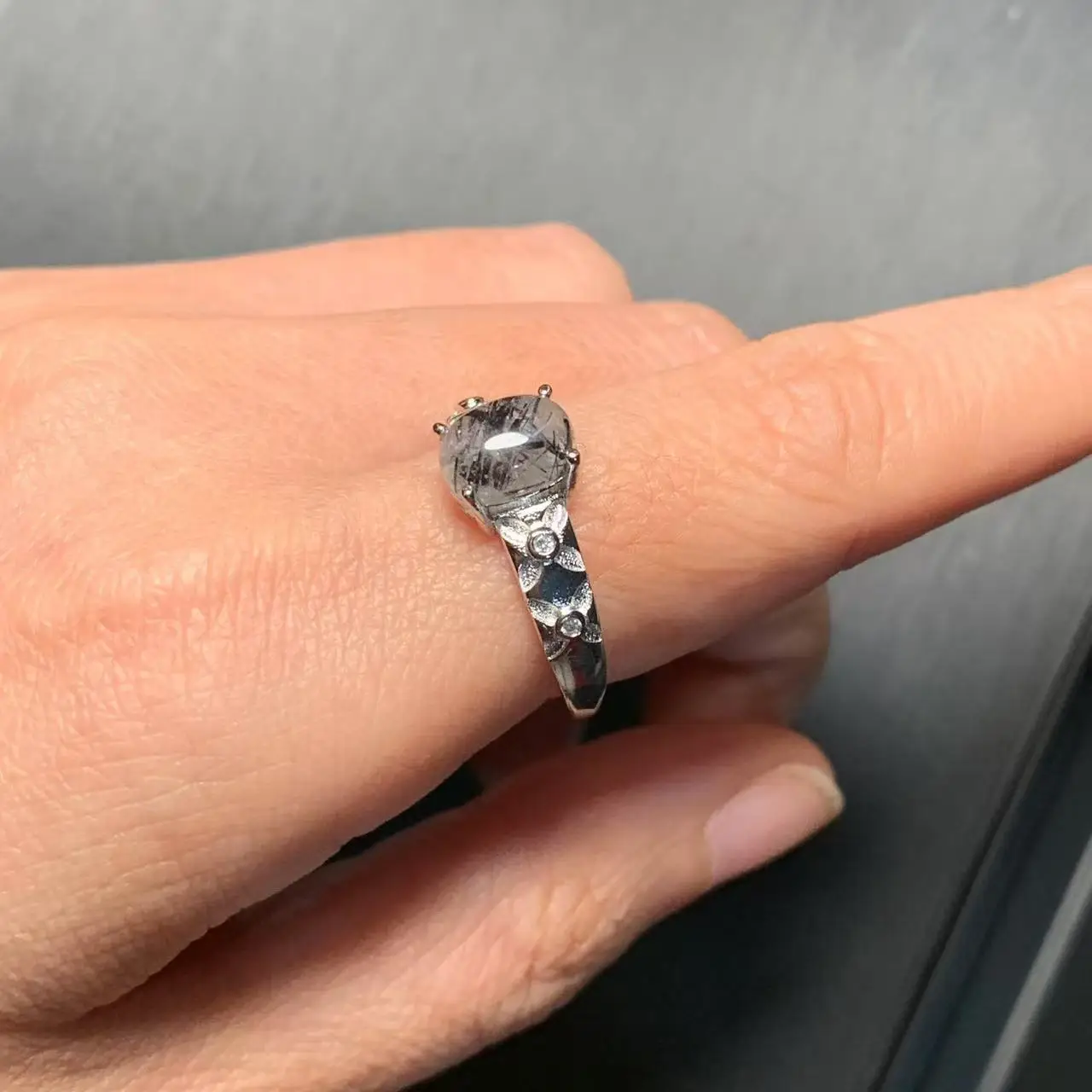 MM Natural Black Rutilated Quartz Ring Adjustable Female Jewelry for Women Gift Wholesale High Quality Vintage Fine