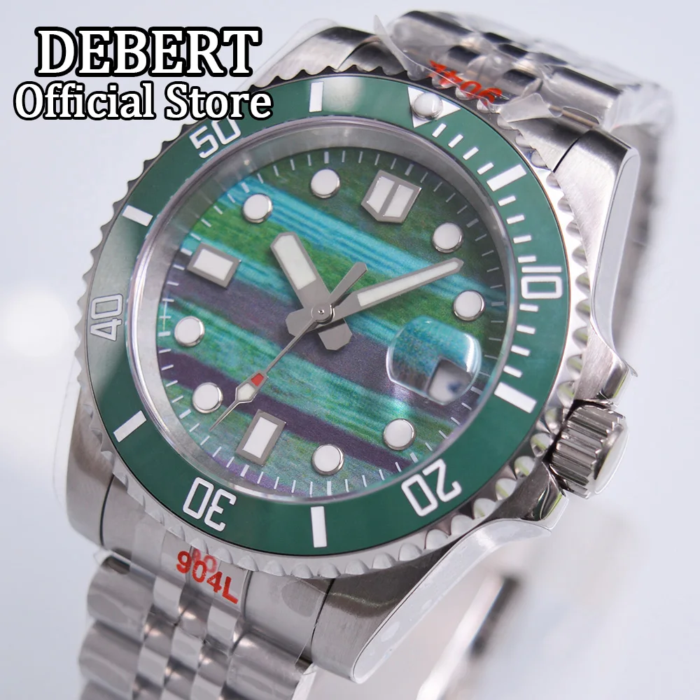 

40mm Automatic Watches Green Dial Luminous Hands SUB Sapphire Glass Fit NH35A Movement Crystal Jubilee Band