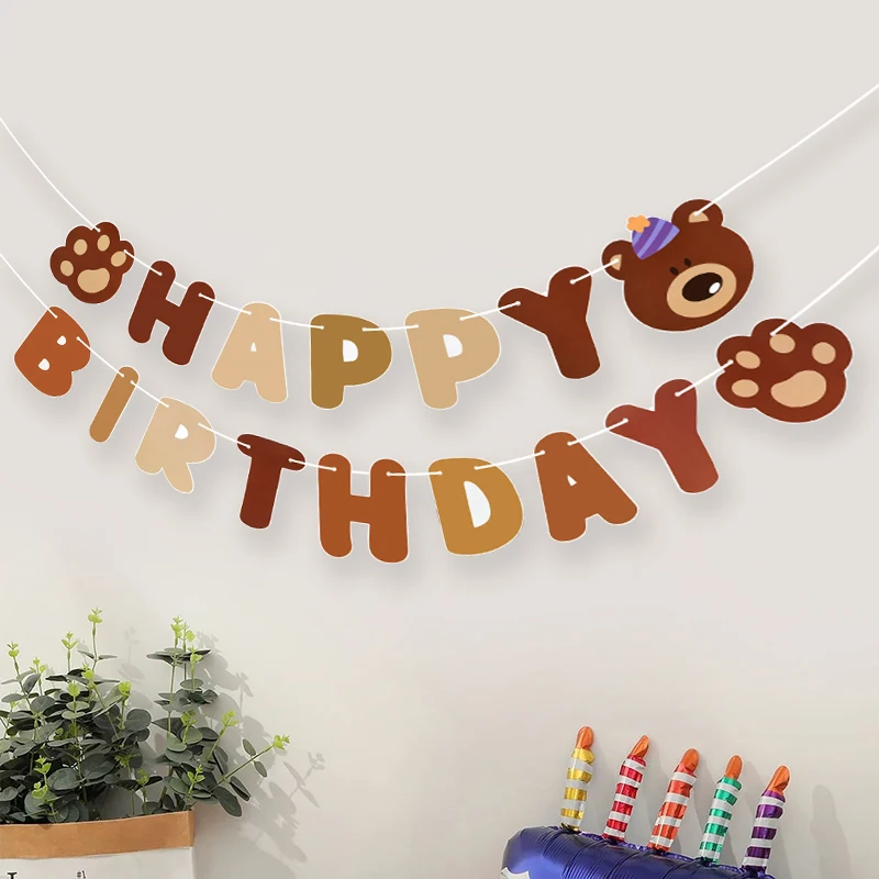 Brown Teddy Bear Happy Birthday Letter Banner Garland For Kids Boy Girl Birthday Party Decoration Supplies Hanging Flags