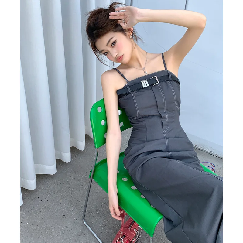 

Summer Grey Dress Sling Off Shoulder Sleeveless Womens Sexy Korean Fashion Simple Temperament 2023 NEW Female Clothing Miniskirt