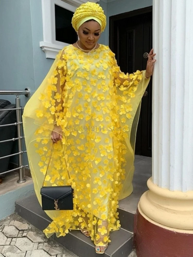 

African Dresses for Women 2023 New Style African Clothes Bazin Fashion Lace Floral Boubou Robe Africain Dashiki Party Long Dress