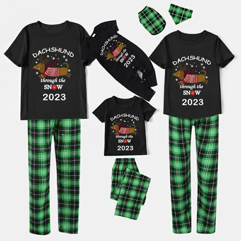 

2023 Christmas Matching Family Pajamas Dachshund Through The Snow Black Pajamas Set