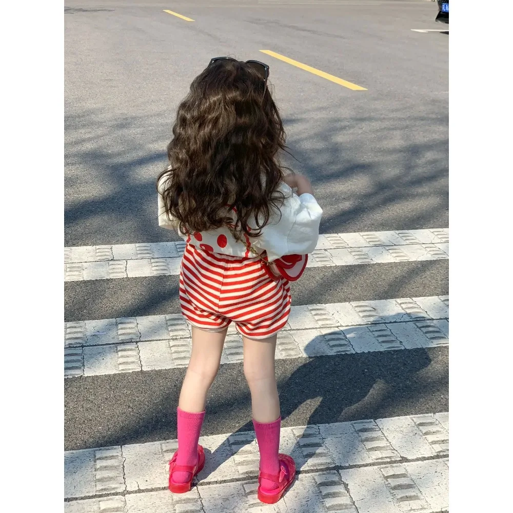 여아용 한국 스타일 바지, 올 매치 스트라이프 반바지, 루즈 캐주얼 핫 팬츠, 패션 여름 어린이 바지, 2024 여름 신상