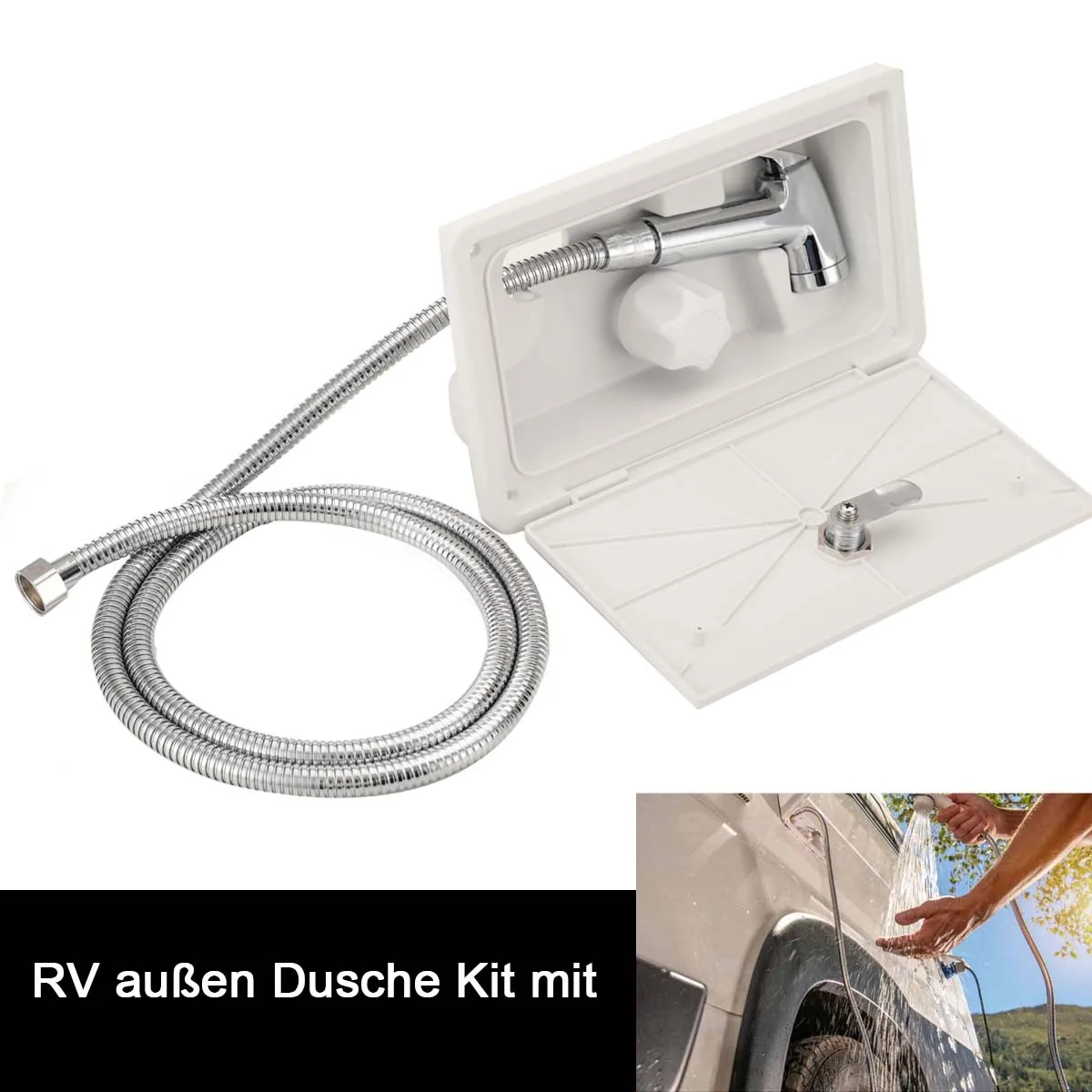 Rv Wetterfeste Auxendusche Box Kit,Rv Auisen Dusche Kit Mit Lock-Inklusive Dusche Wasserhahn Dusche Boot Wohnmobil Schlauch 1,5 M