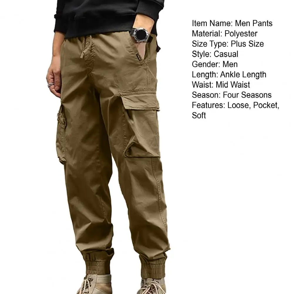 Men Solid Color Pants Men's Cargo Pants with Ankle-banded Design Multiple Pockets Elastic Waist for Sports Comfortable Wear