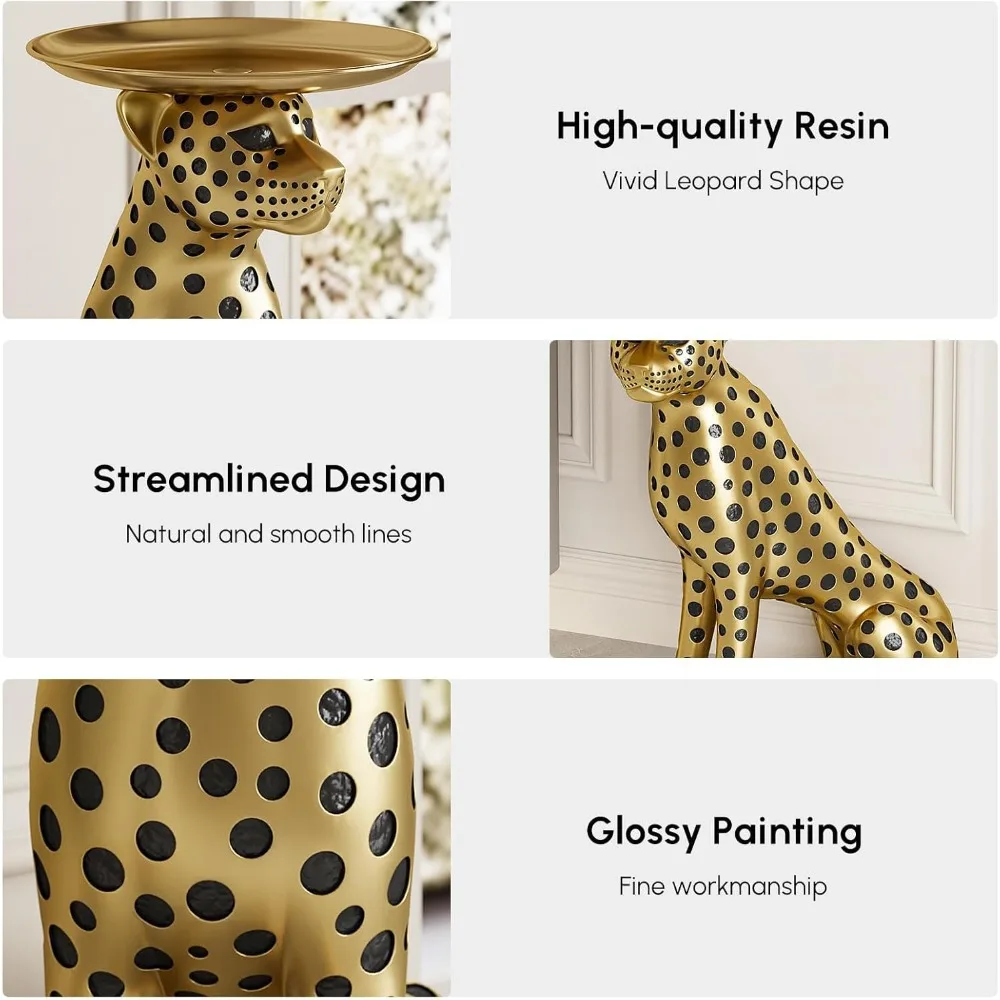 Animal Side Table with Tray Top– Gold Leopard Statue Panther Figurine End Table Art Decor for Home & Gifts