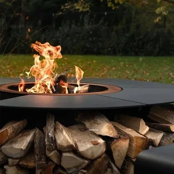 Table de feu de patio ronde minimaliste moderne - Chauffage extérieur et support de gril pour jardin et camping 1