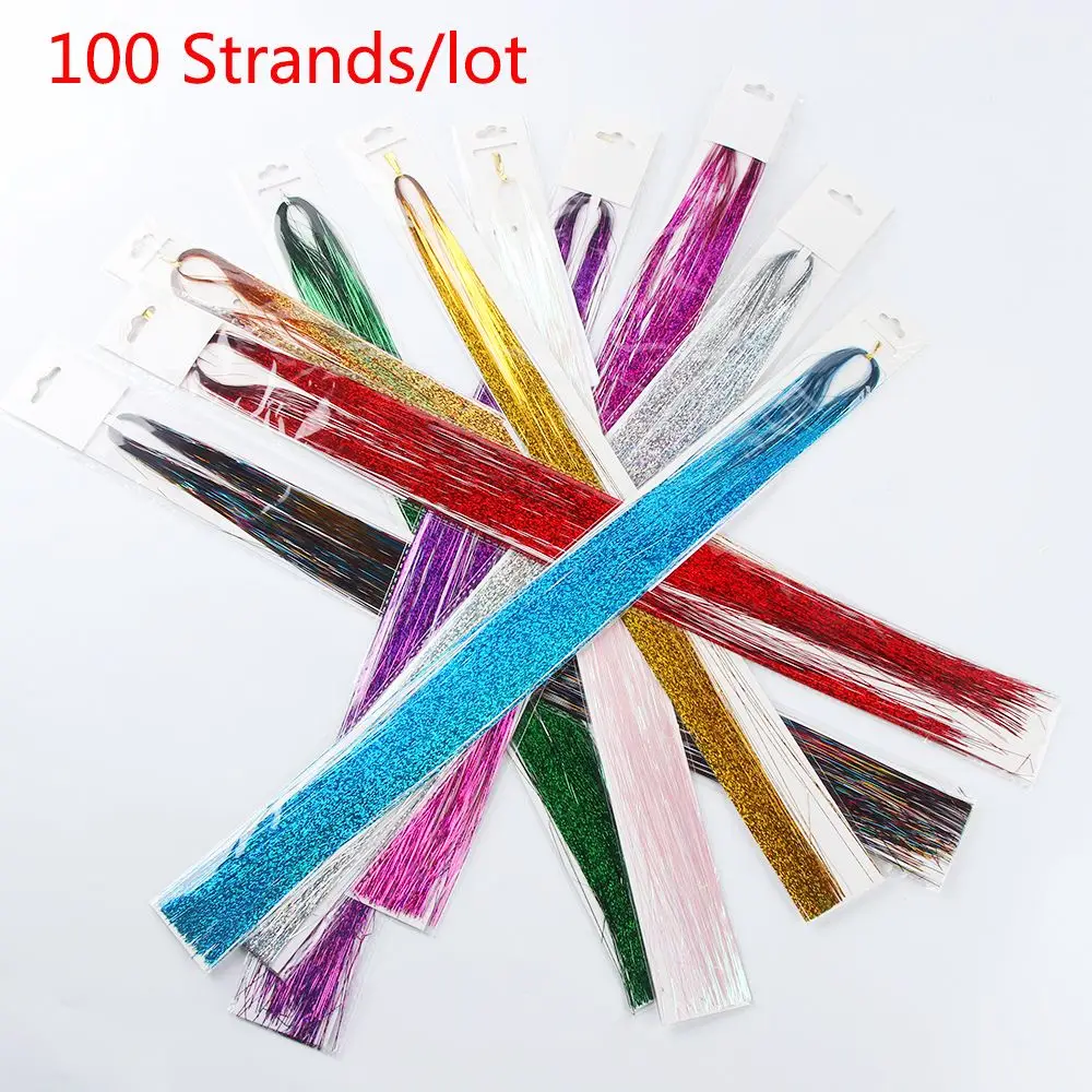 100 fili Ragazze Streak Clubbing Estensione dei capelli scintillanti Capelli di seta bling Tinsel Glitter Colore arcobaleno