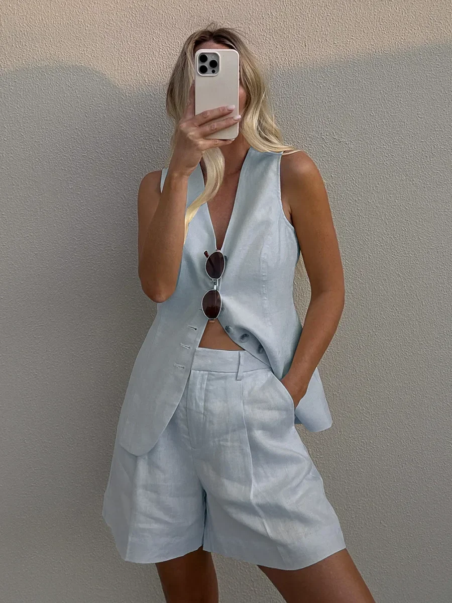 Bronladies Cotton And linen Chic Casual Vest Shorts Set Women's Summer New Fashion Commuter Sleeveless Tank Top Shorts Suits 6