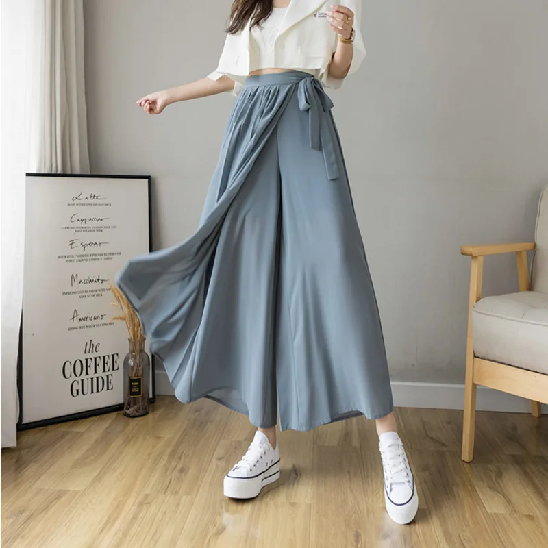 2021 jaro léto nový styl korejské ženy plisované šifon kalhoty 2022 vysoký pás kalhot hakama ležérní široký noha pantalones