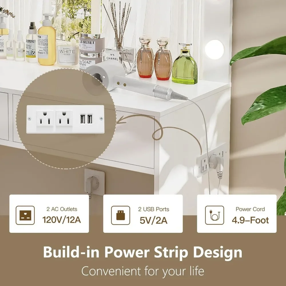 Makeup Vanity Lights Drawers Power Strip Dressing Vanity Tables for Women Girls Bedroom