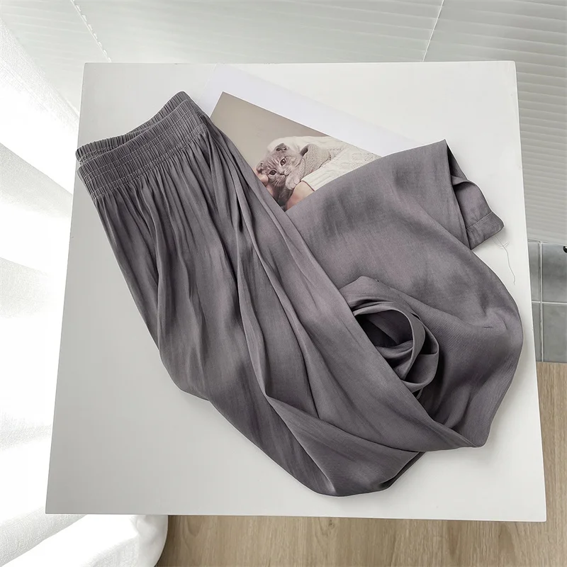 Summer Thin Loose Wide-leg Pants Women's Ice Silk Casual Pants Elegant Elastic Waist Straight Trousers Lady Sport Pants