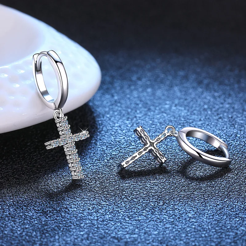 D Color Moissanite Cross Pendant Earrings for Women 925 Sterling Silver Hoop Drop Earring Wedding Party Jewelry