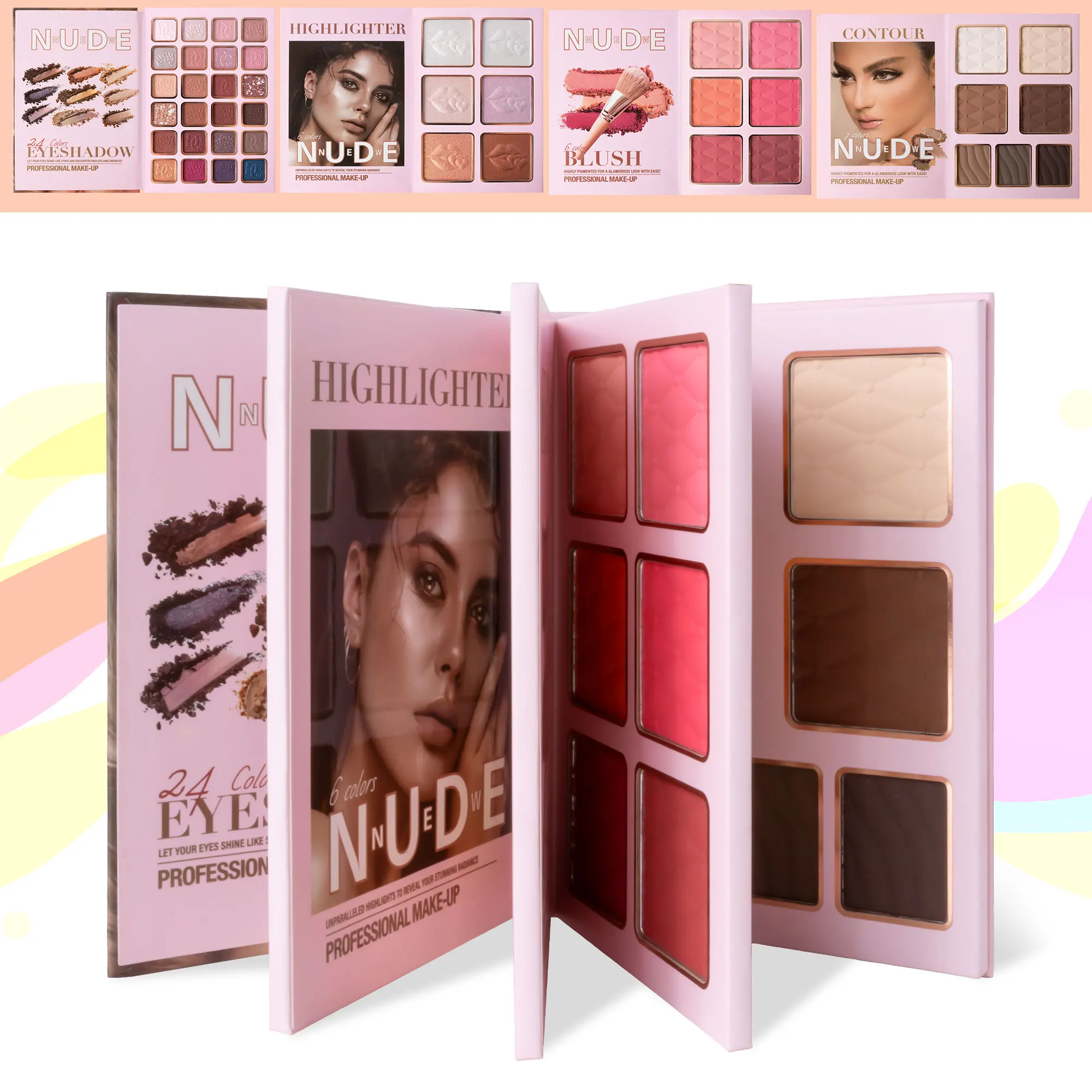 43-color makeup palette, four-layer book-style eye shadow palette, matte pearlescent blush, contour and highlight all in one 6