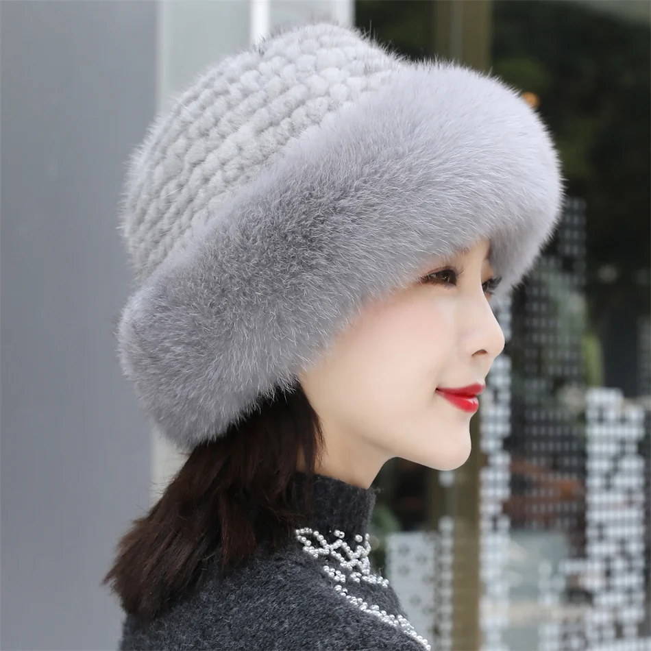 Winter Caps For Women Fur Hats Russian Mink Fur Knitted Beanie Hat Bucket Hat Women Luxury Real Fox Fur Mink Fur Hat Women Hats