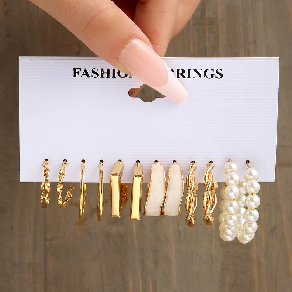 LATS Boho Big Circle Hoop Earring Set for Women Gold Color Bohemia Vintage Pearl Square Earring Heart Zircon Ear Studs Jewelry 2