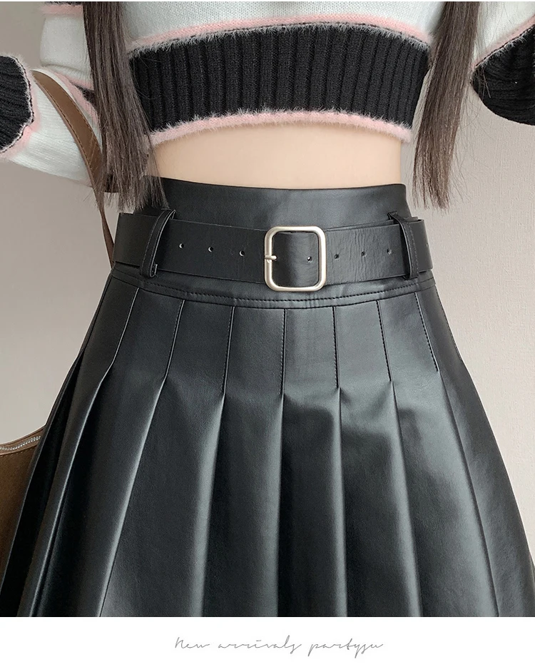 Braun Schwarz Winter Mini Leder Rock Frauen Mode Streetwear Hohe Taille Skater Faltenröcke Mit Shorts A-linie Jupe Plissée – Detail 20