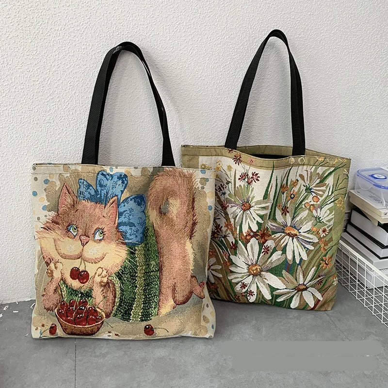 Bedrukte canvas tas in Europese en Amerikaanse stijl Ins Draagbare mama-draagtas met grote capaciteit Schattig Eén-schouder werkklasse woon-werktas voor dames_voghion.com