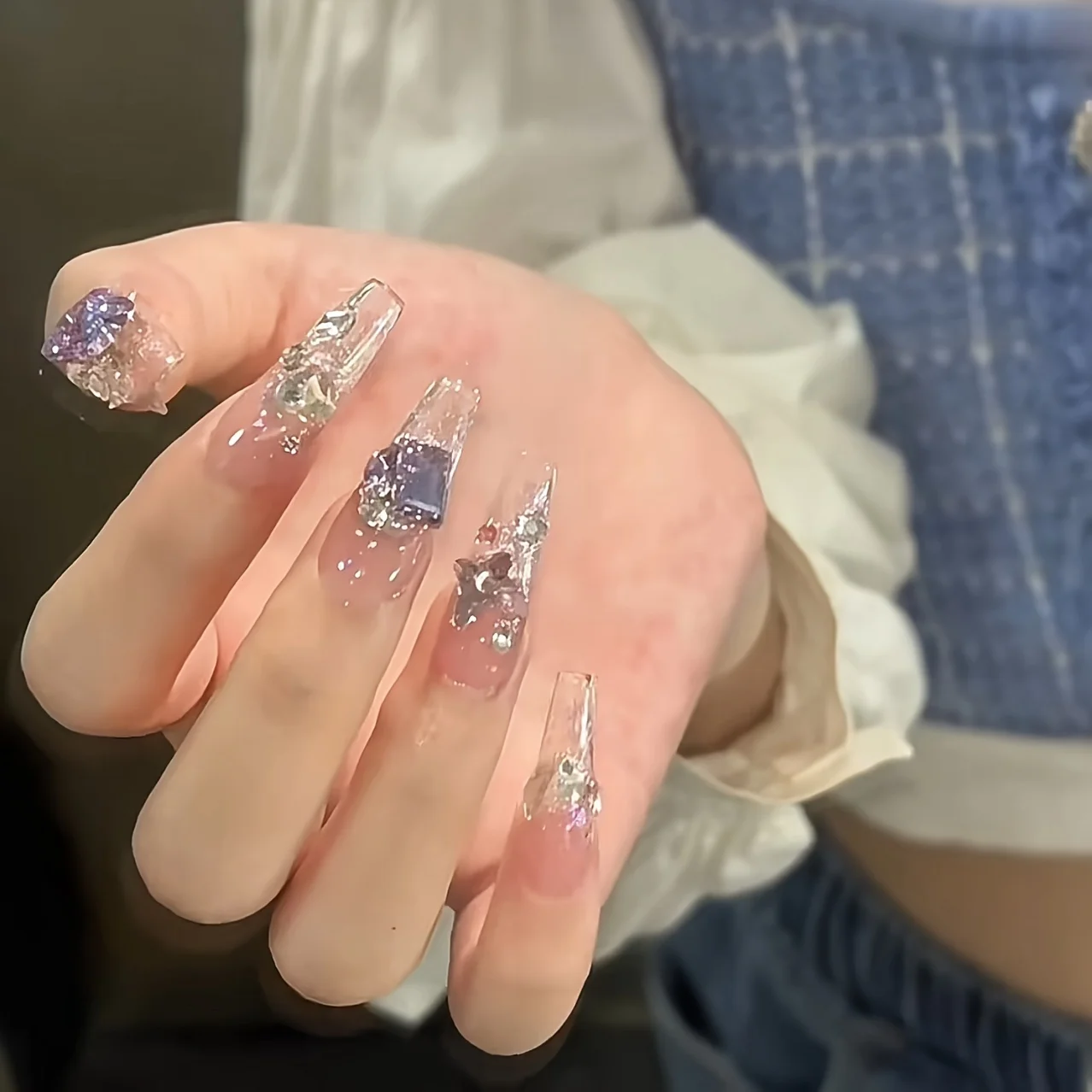 10-Piece Set, Handmade Press-On Nails With Fantasy And Sparkling Rhinestones Design, 3D Glitter Love Accents, Contrast Color,