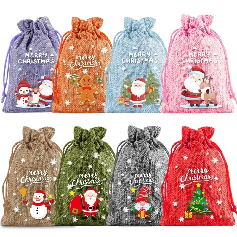 10pcs Wholesale Merry Christmas Linen Drawstring Bags Small Gift Storage Packaging Bundle Pocket Kids Pouch Party Favors LIJIAO