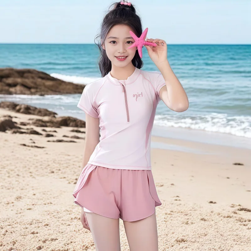 여름 신상품 여아 수영복 2톤 핑크와 퍼플 색상의 발달기 청소년을 위한 2피스 스포츠 수영복