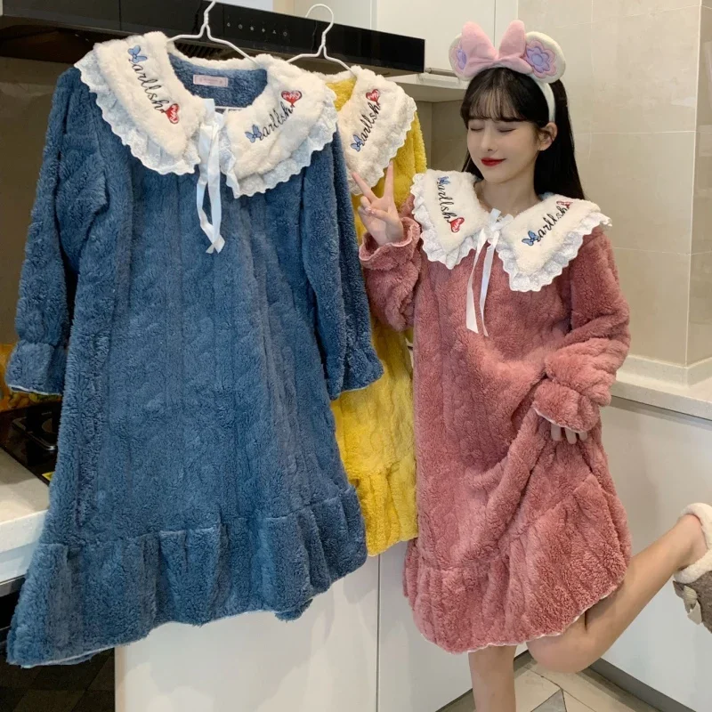 

Новинка 2023, зимние фланелевые ночные рубашки для женщин с длинным рукавом, толстые теплые ночные рубашки для женщин, милая одежда для сна из кораллового бархата, ночная рубашка, ночная рубашка