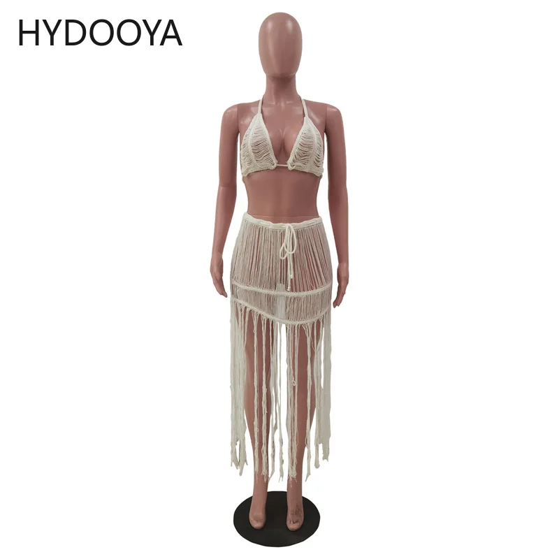 Women Crochet Beach Two Piece Set Dress Lace Up Halter Bra Top Tassel Hollow Maxi Skirt Casual Vocation Suit Swimwear Cover-Ups