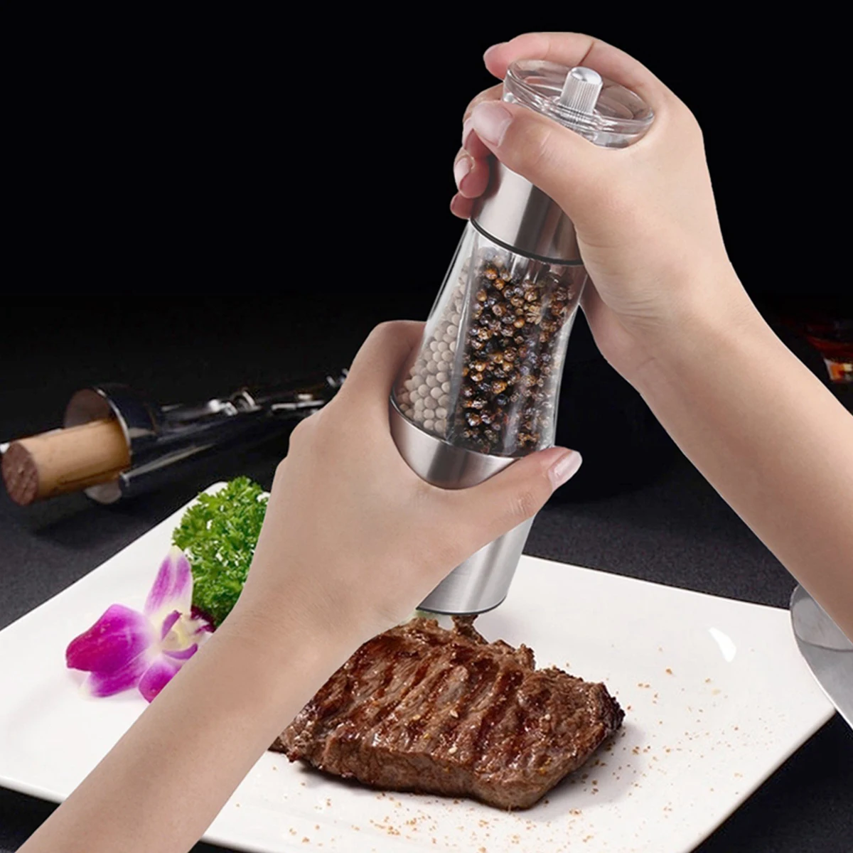 Salt and Pepper Grinder 2 In 1 Stainless Steel Salt and Pepper Mill Adjustable Coarseness Manual Grinder Refillable