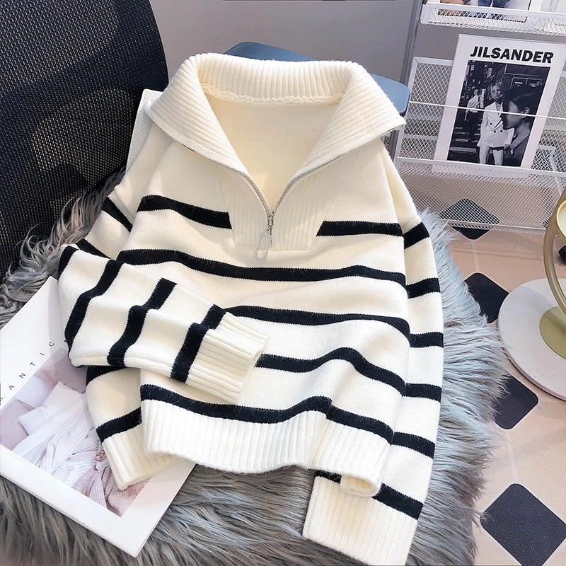 Fashion New Autumn and Winter Women's Zipper Lapel Long-sleeved Sweater Retro Striped Casual Knitwear Office Pullover Shirt
