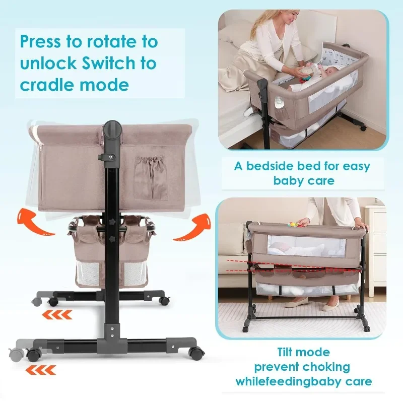 Newborn Crib with Movable Folding Bed, Diaper Table, Roller, Large Storage Bag, Mosquito Net, Adjustable Portable Crib