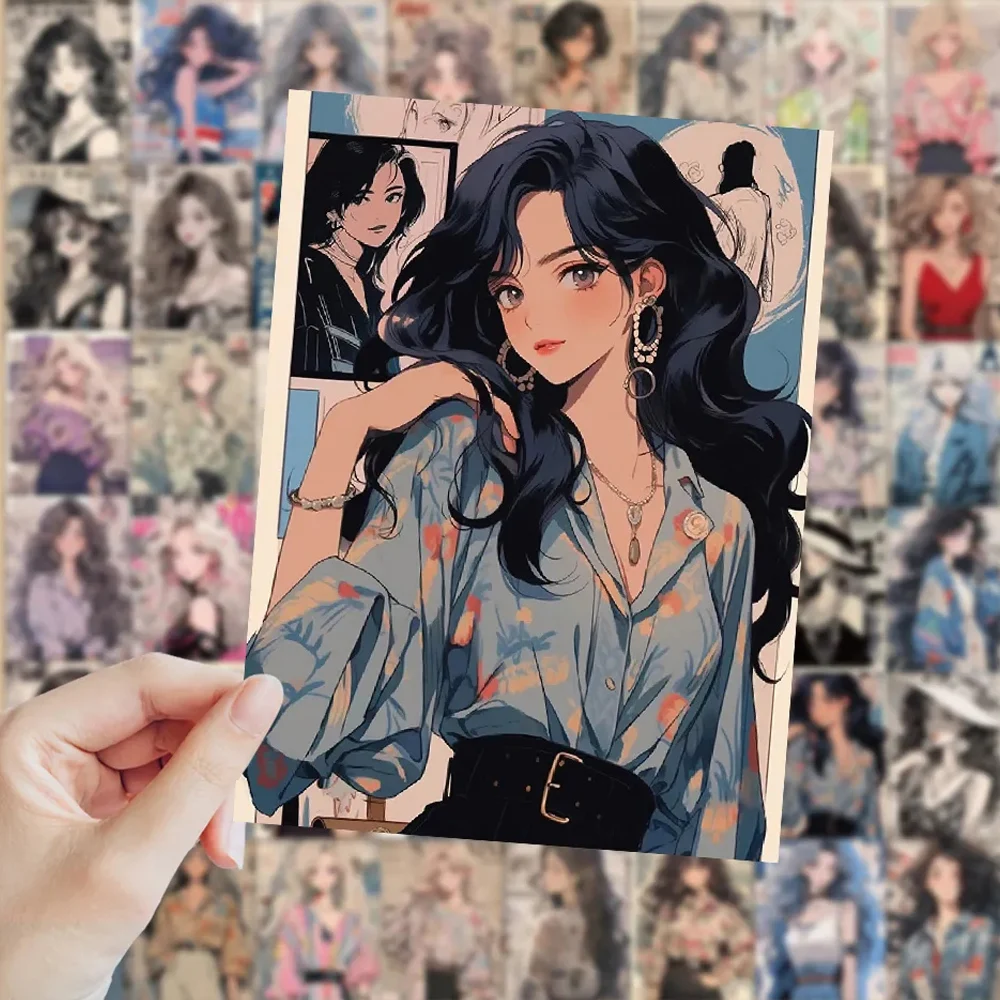 Pack of Vintage Anime Girls Waterproof Stickers – Decorative Retro Kawaii Decals for Laptop, Stationery, and Diary