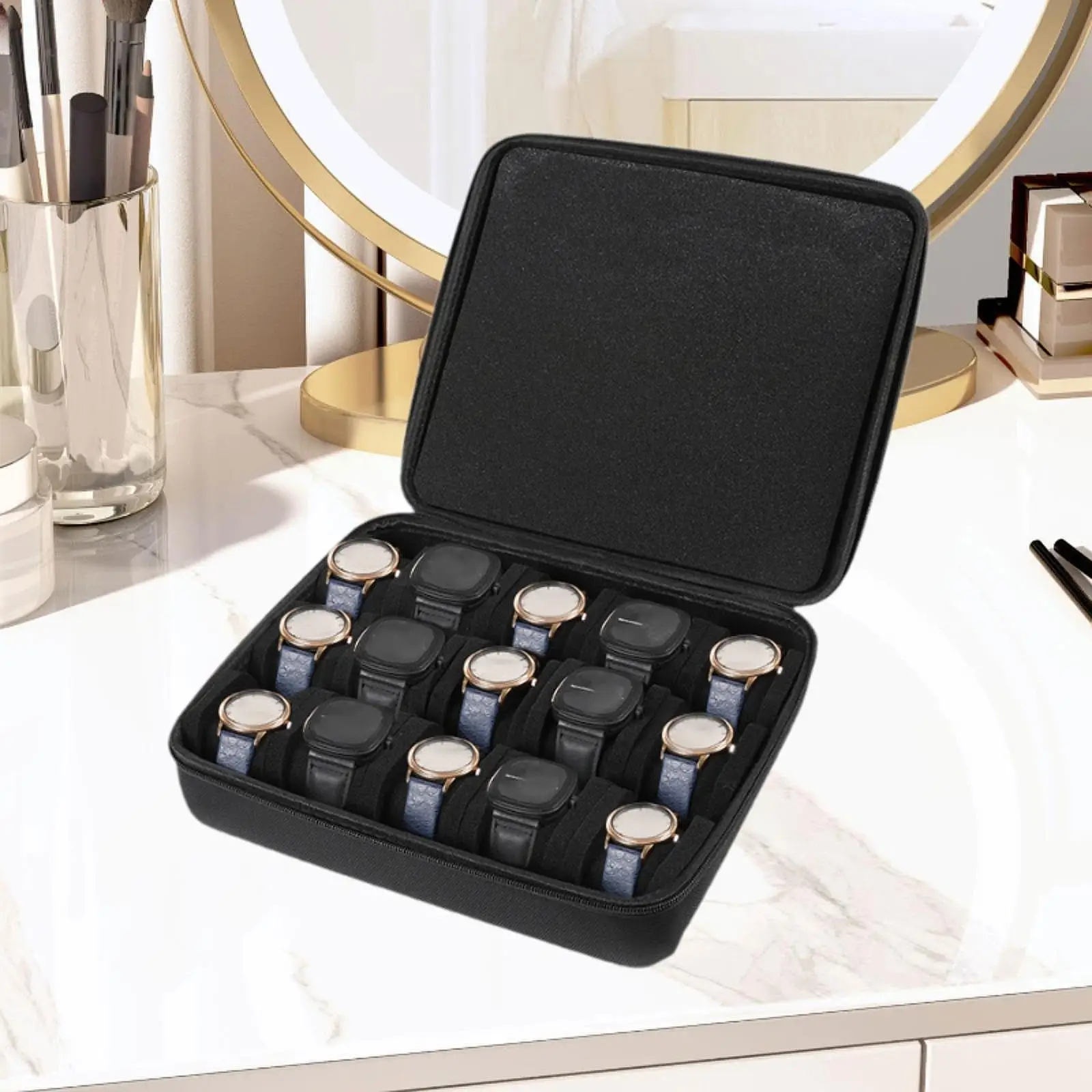 Horloĝskatolo, mansako, horloĝa konserva sako, vitra tenilo, horloĝa vojaĝujo, transportujo, horloĝa organizilo, ujo por brakhorloĝoj, sportoj Watch Box Handbag Watch Storage Bag Display Holder Watch Travel Case Carry Case Watch Organizer Case for Wristwatches Sports